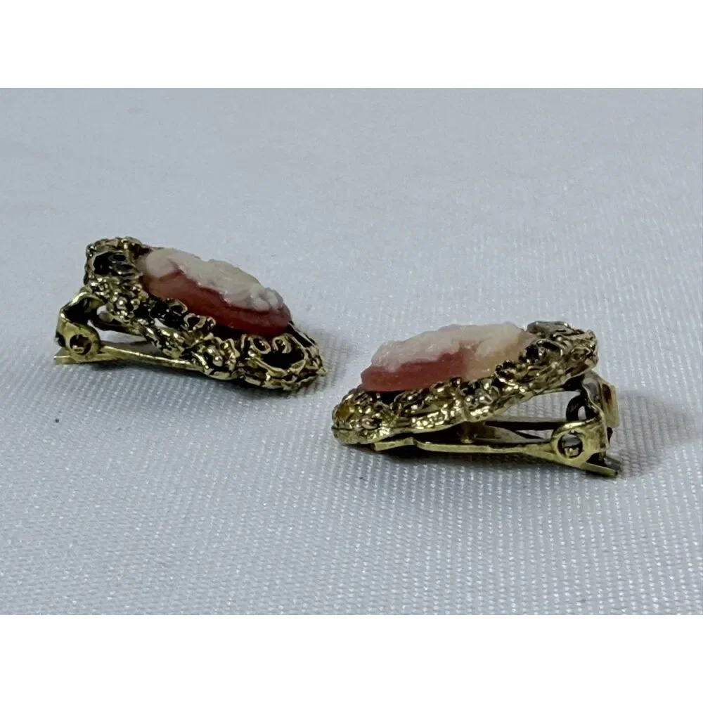 VTG Cameo Pink Resin Gold Tone Filigree Clip on Earrings Pin Brooch Victorian